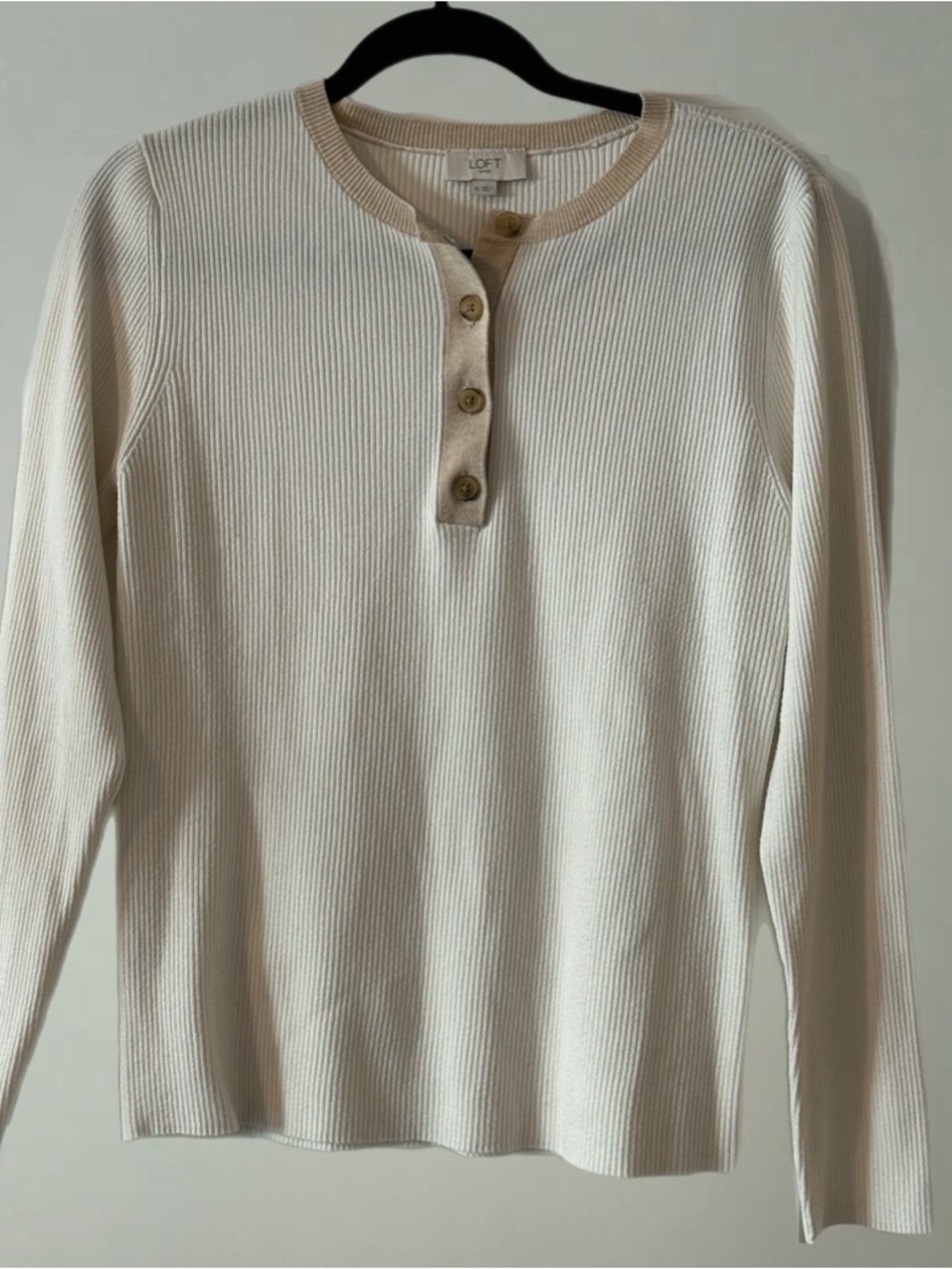 LOFT Cream Ribbed Henley with Tan Trim